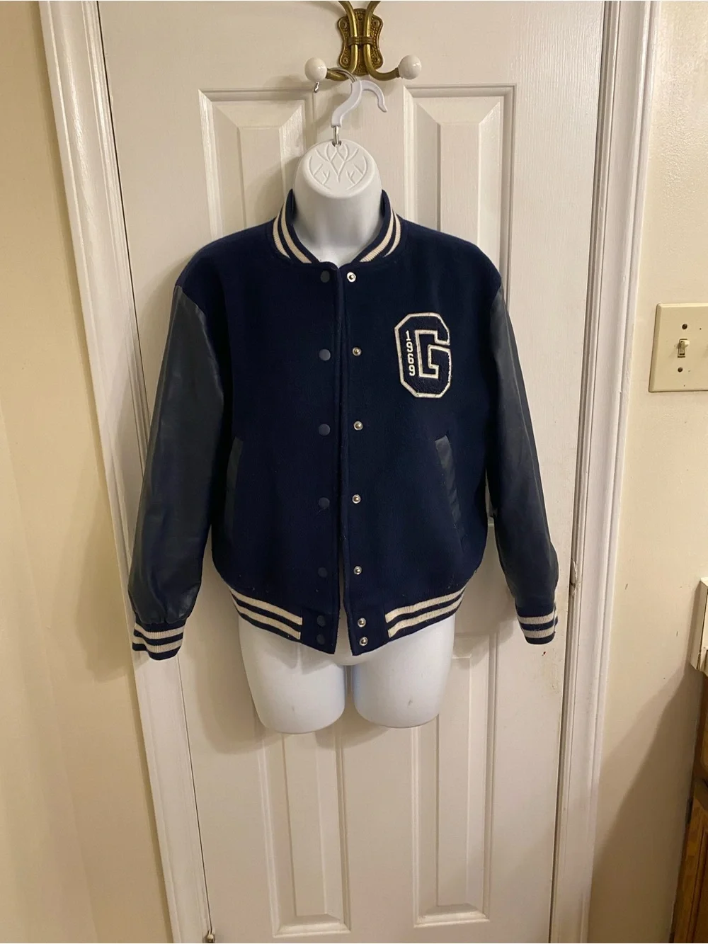 GAP KIDS SIZE LARGE NAVY BLUE WOOL LETTERMAN JACKET FAUX LEATHER SLEEVES LARGE